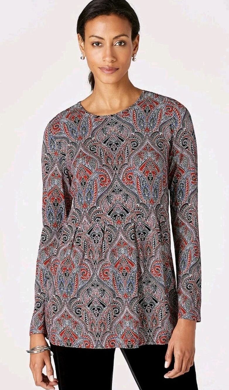 J. Jill Women's Size Medium Luxurious Wearever True Red Ornate Medallion Top EUC
